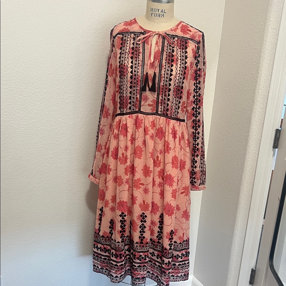 Floral Pink and Black Long Sleeve Dress